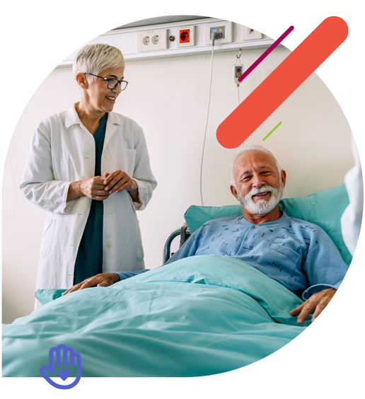 Patient laying in hospital bed with doctor by their side